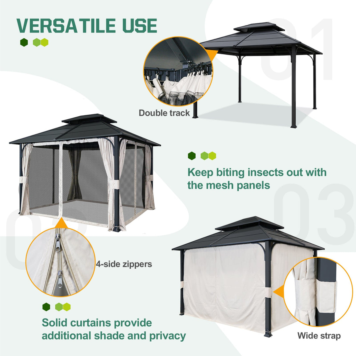 EAGLE PEAK 10x12 Outdoor Permanent Double Roof Hardtop Gazebo with Arched Corner Steel Frame, Mosquito Mesh Netting and Light Beige Privacy Curtains, Backyard Patio Garden Gazebo Pavilion, Black - Eagle Peak Canopy and Outdoor Products