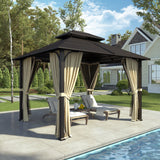 EAGLE PEAK 10x12 Outdoor Permanent Double Roof Hardtop Gazebo with Arched Corner Steel Frame, Mosquito Mesh Netting and Light Beige Privacy Curtains, Backyard Patio Garden Gazebo Pavilion, Black - Eagle Peak Canopy and Outdoor Products