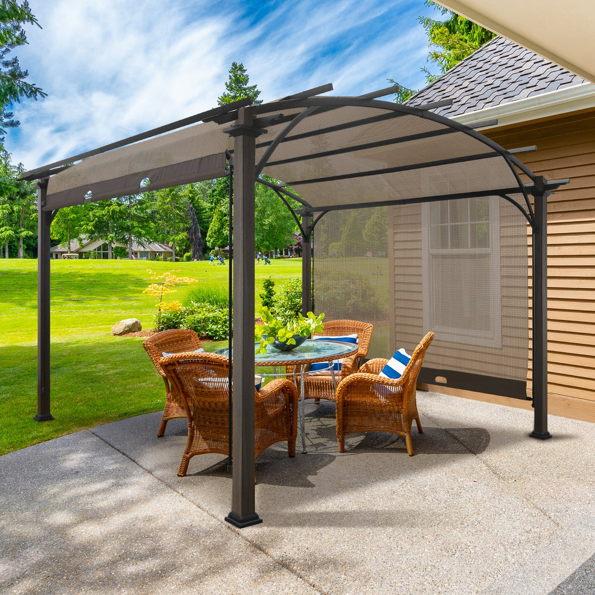 EAGLE PEAK 11.4x11.4 Outdoor Pergola with Retractable Textilene Sun Shade Top - Eagle Peak Canopy and Outdoor Products