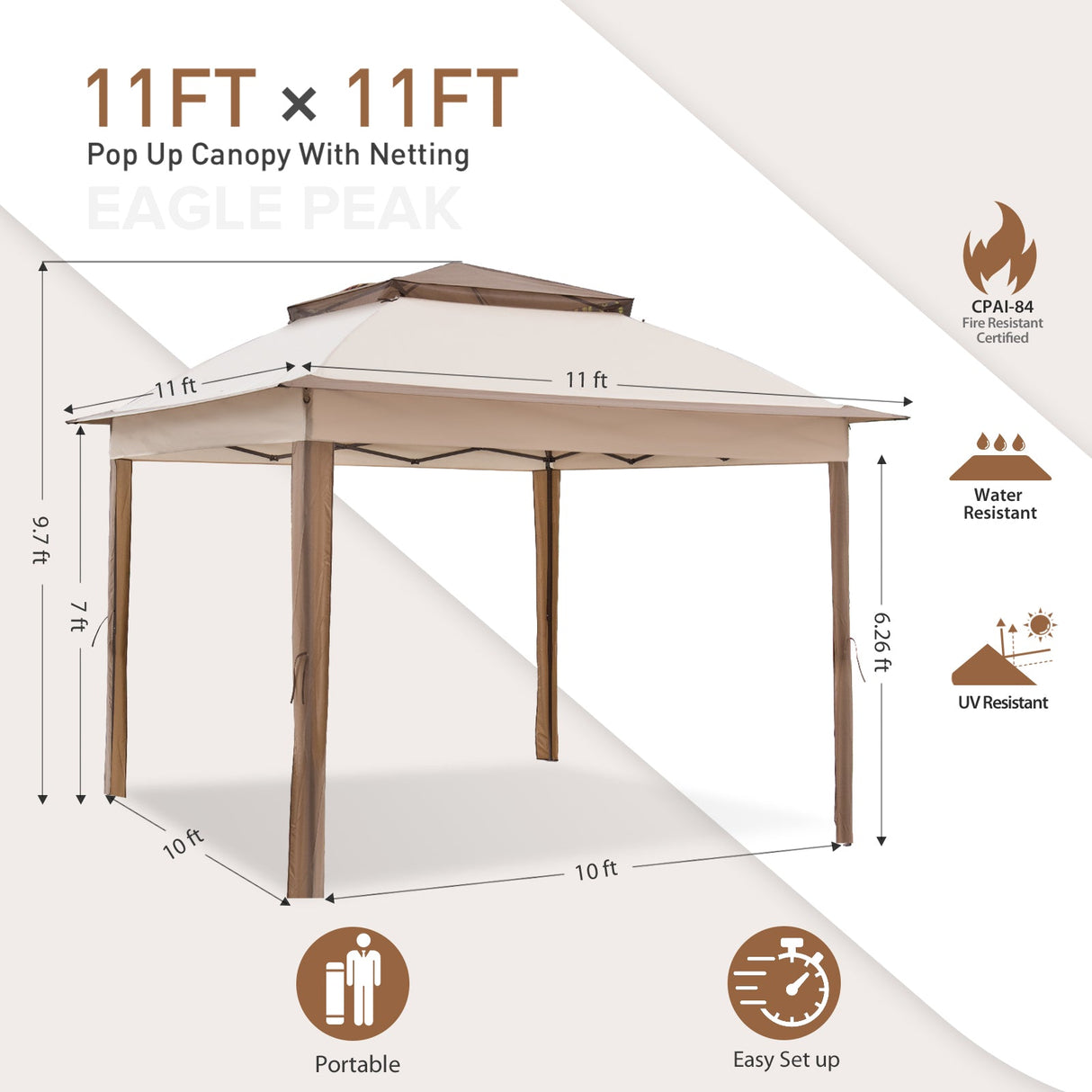 EAGLE PEAK 11x11 Pop - Up Gazebo Tent Instant with Mosquito Netting Outdoor Gazebo Shelter with 121 Square Feet of Shade - Eagle Peak Canopy and Outdoor Products