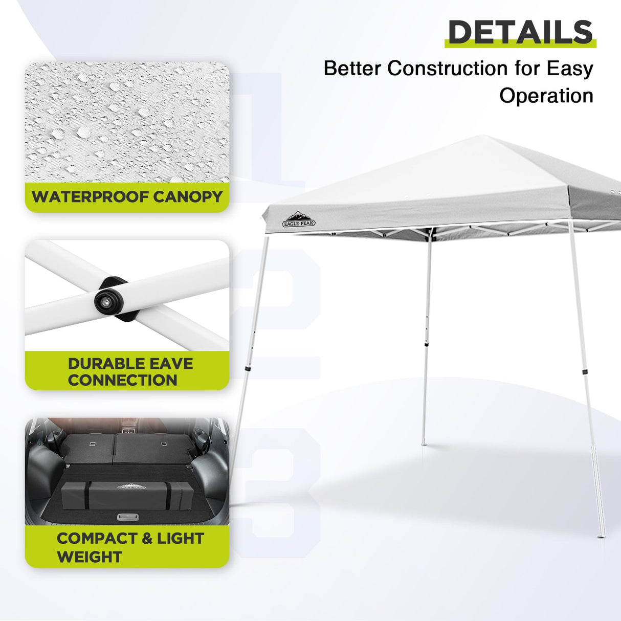 EAGLE PEAK 11x11 Slant Leg Pop - up Canopy Tent, Shelter 11x11 Base 9x9 Top, Blue / Green / White - Eagle Peak Canopy and Outdoor Products