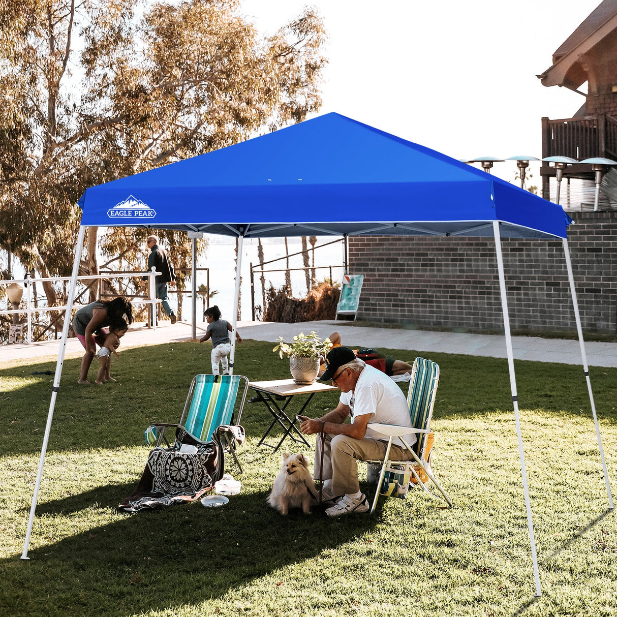 EAGLE PEAK 11x11 Slant Leg Pop - up Canopy Tent, Shelter 11x11 Base 9x9 Top, Blue / Green / White - Eagle Peak Canopy and Outdoor Products