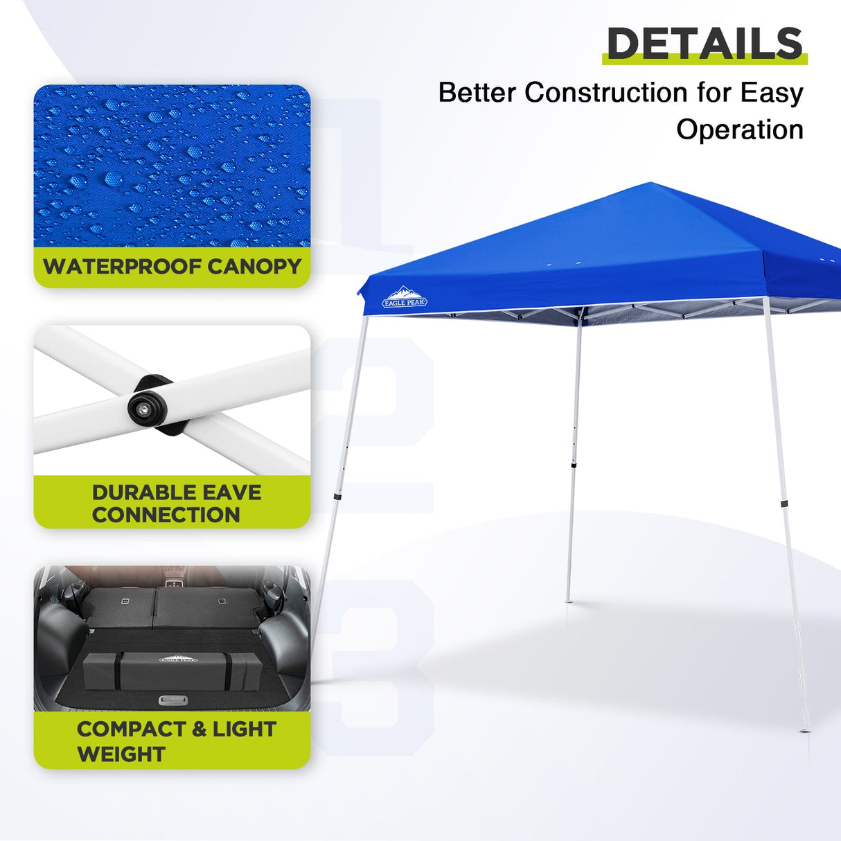 EAGLE PEAK 11x11 Slant Leg Pop - up Canopy Tent, Shelter 11x11 Base 9x9 Top, Blue / Green / White - Eagle Peak Canopy and Outdoor Products