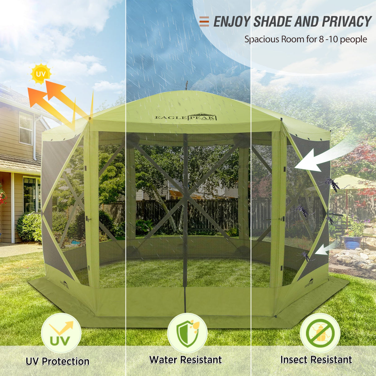 EAGLE PEAK 12 x 12 ft Portable Quick Pop Up 6 Sided Instant Gazebo Canopy, Outdoor Camping Screen Tent with Mesh Netting 8 Person, Green / Beige - Eagle Peak Canopy and Outdoor Products