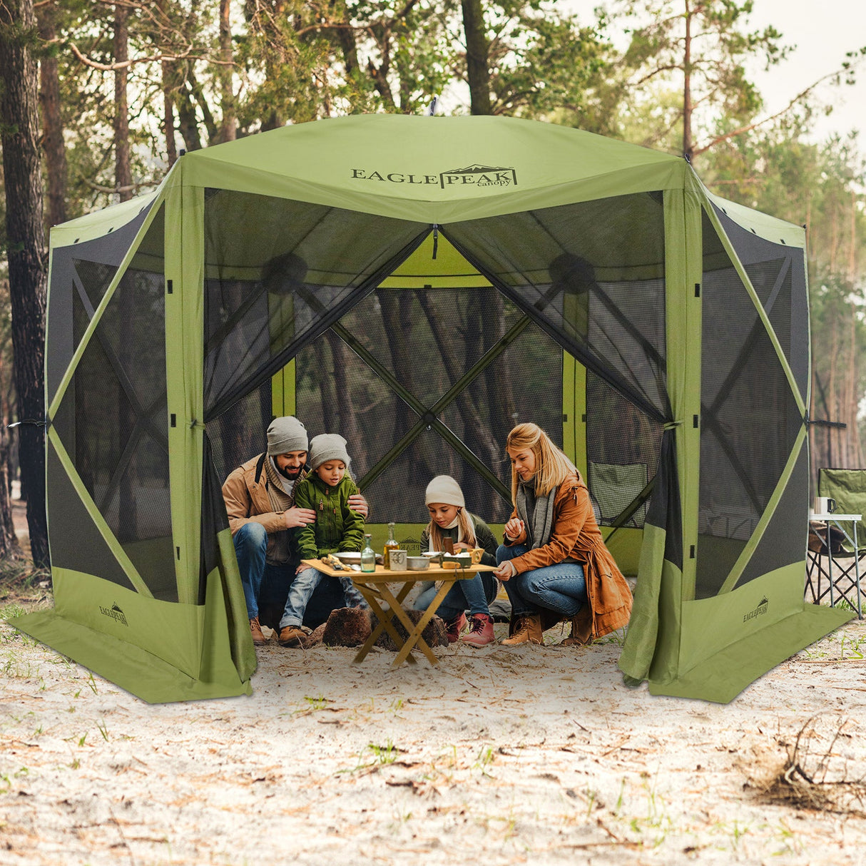 EAGLE PEAK 12 x 12 ft Portable Quick Pop Up 6 Sided Instant Gazebo Canopy, Outdoor Camping Screen Tent with Mesh Netting 8 Person, Green / Beige - Eagle Peak Canopy and Outdoor Products