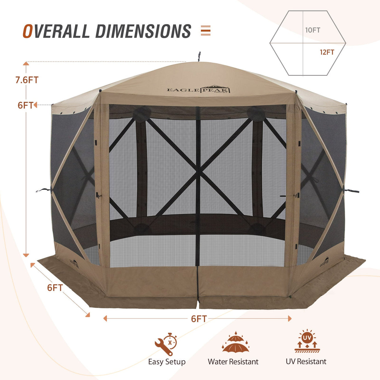 EAGLE PEAK 12 x 12 ft Portable Quick Pop Up 6 Sided Instant Gazebo Canopy, Outdoor Camping Screen Tent with Mesh Netting 8 Person, Green / Beige - Eagle Peak Canopy and Outdoor Products