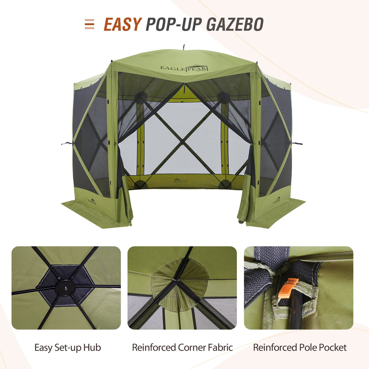 EAGLE PEAK 12 x 12 ft Portable Quick Pop Up 6 Sided Instant Gazebo Canopy, Outdoor Camping Screen Tent with Mesh Netting 8 Person, Green / Beige - Eagle Peak Canopy and Outdoor Products