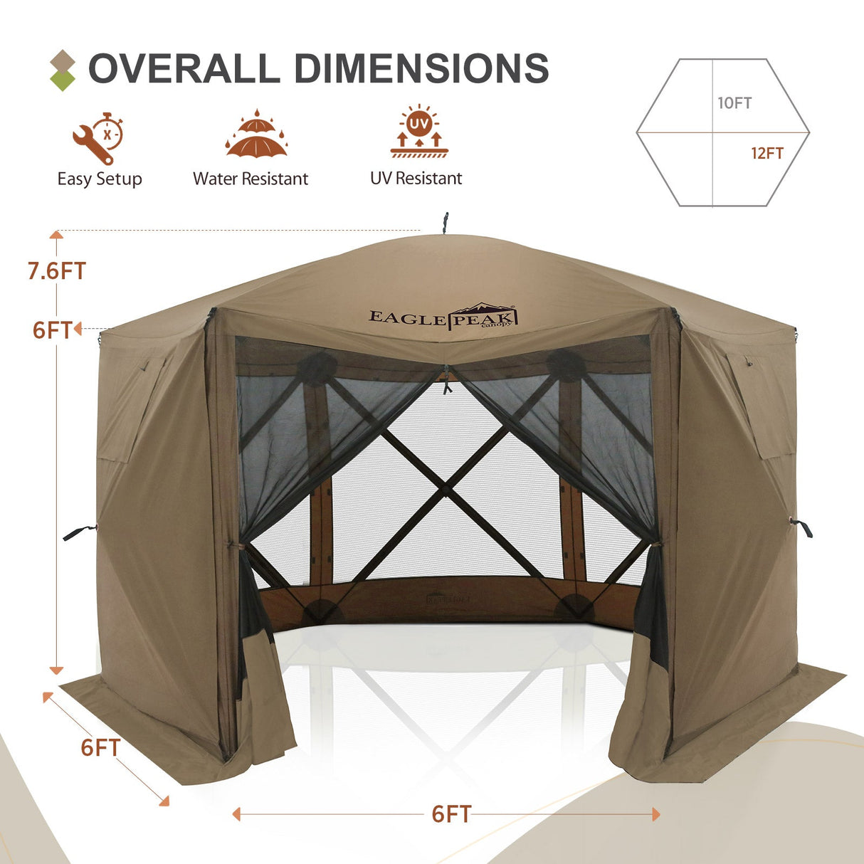 EAGLE PEAK 12x12 ft Portable Quick Pop Up Canopy Tent with 2 Wall Panels, 6 Sided Instant Gazebo Outdoor Camping Screen Tent, Beige/Green - Eagle Peak Canopy and Outdoor Products