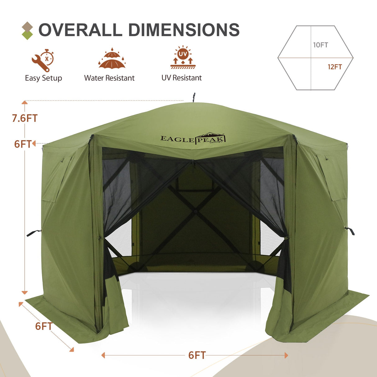 EAGLE PEAK 12x12 ft Portable Quick Pop Up Canopy Tent with 3 Wall Panels, 6 Sided Instant Gazebo Outdoor Camping Screen Tent, Green/Beige - Eagle Peak Canopy and Outdoor Products