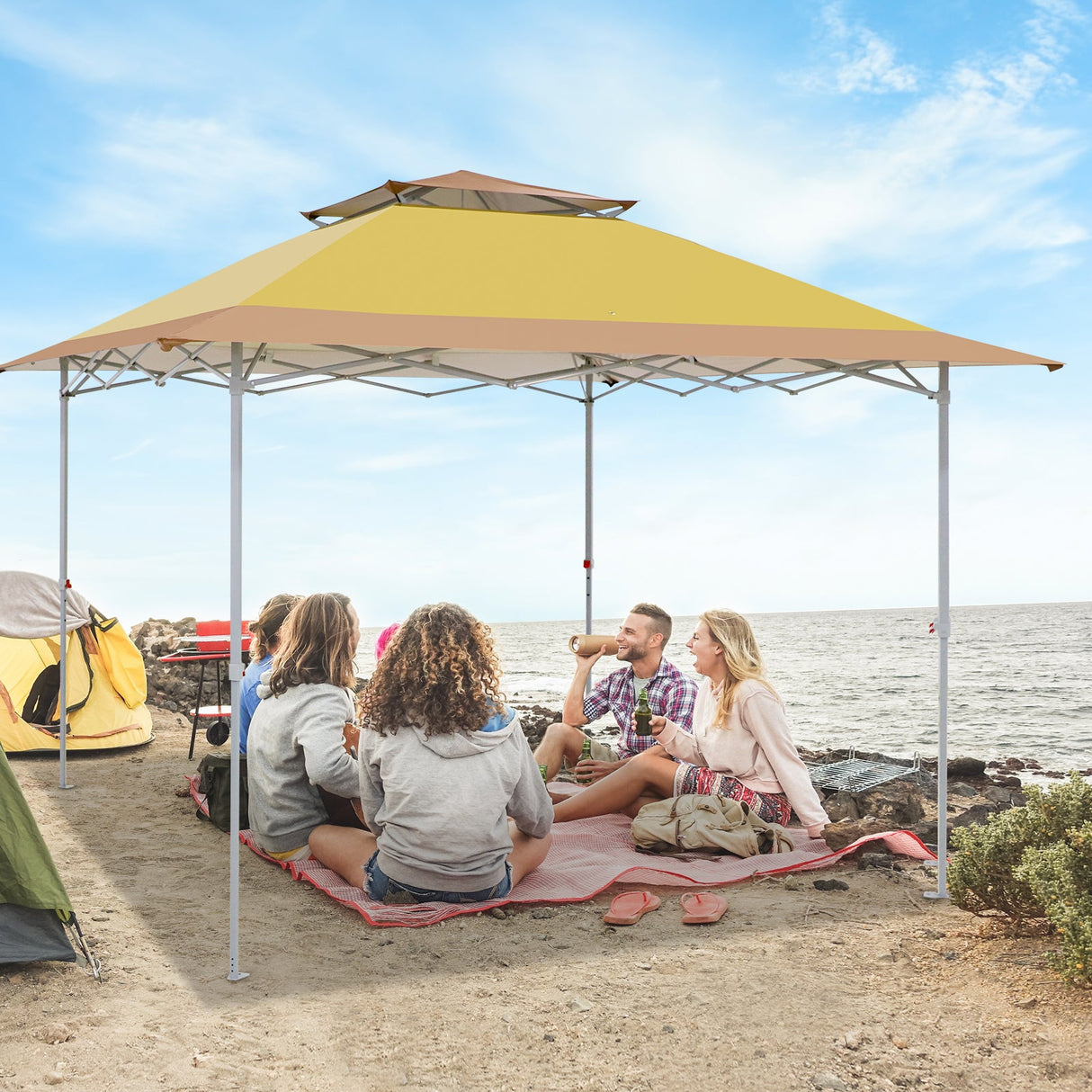 EAGLE PEAK 12x12 Pop up Canopy Tent, Easy Set up Folding Shelter with Auto Extending Awning 144 Square Feet Sun Shade, Beige - Eagle Peak Canopy and Outdoor Products