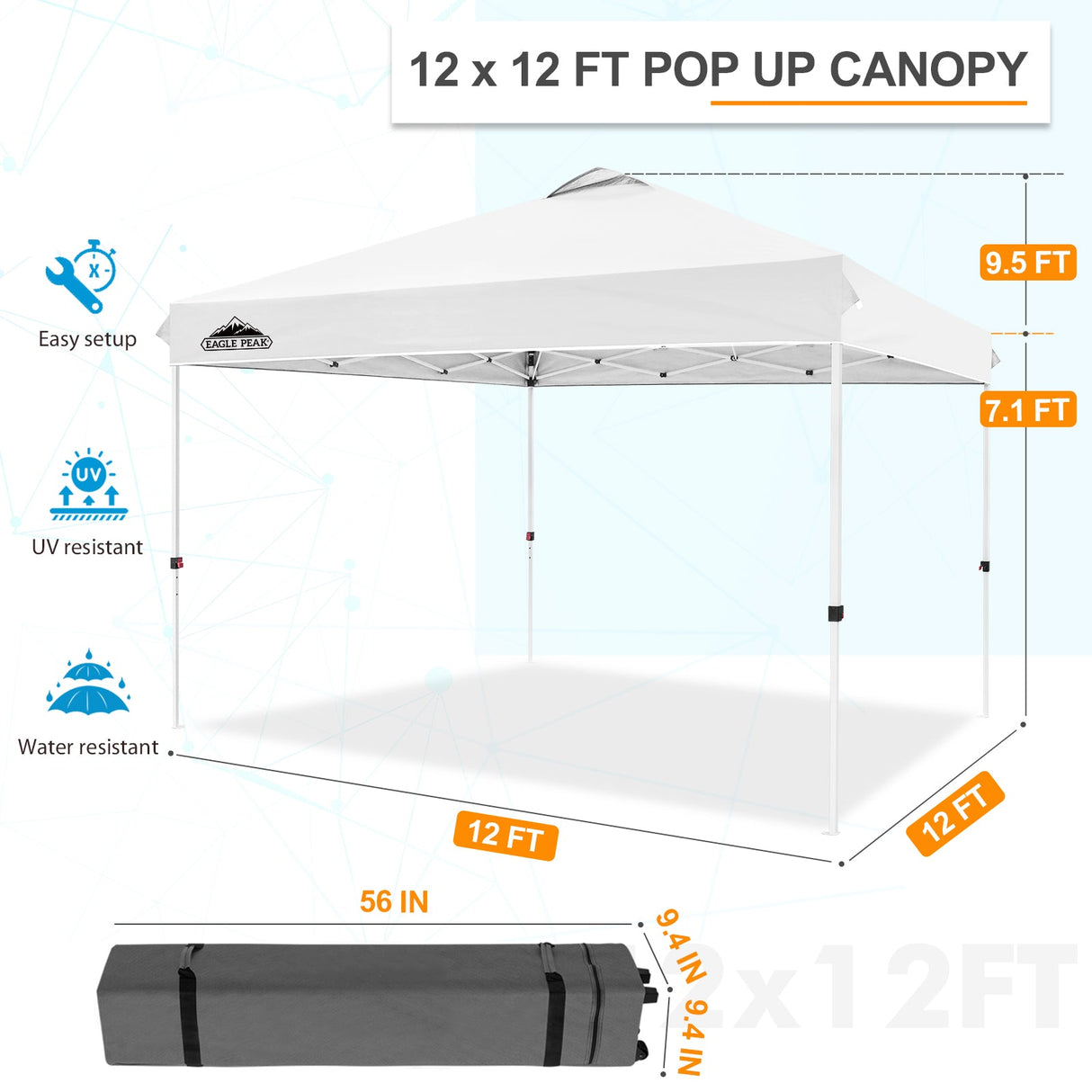 EAGLE PEAK 12x12 Pop Up Canopy Tent Instant Outdoor Canopy Easy Set - up Straight Leg Folding Shelter with Wheeled Bag, 8 Stakes, 4 Sand Bags, and 4 Ropes - Eagle Peak Canopy and Outdoor Products