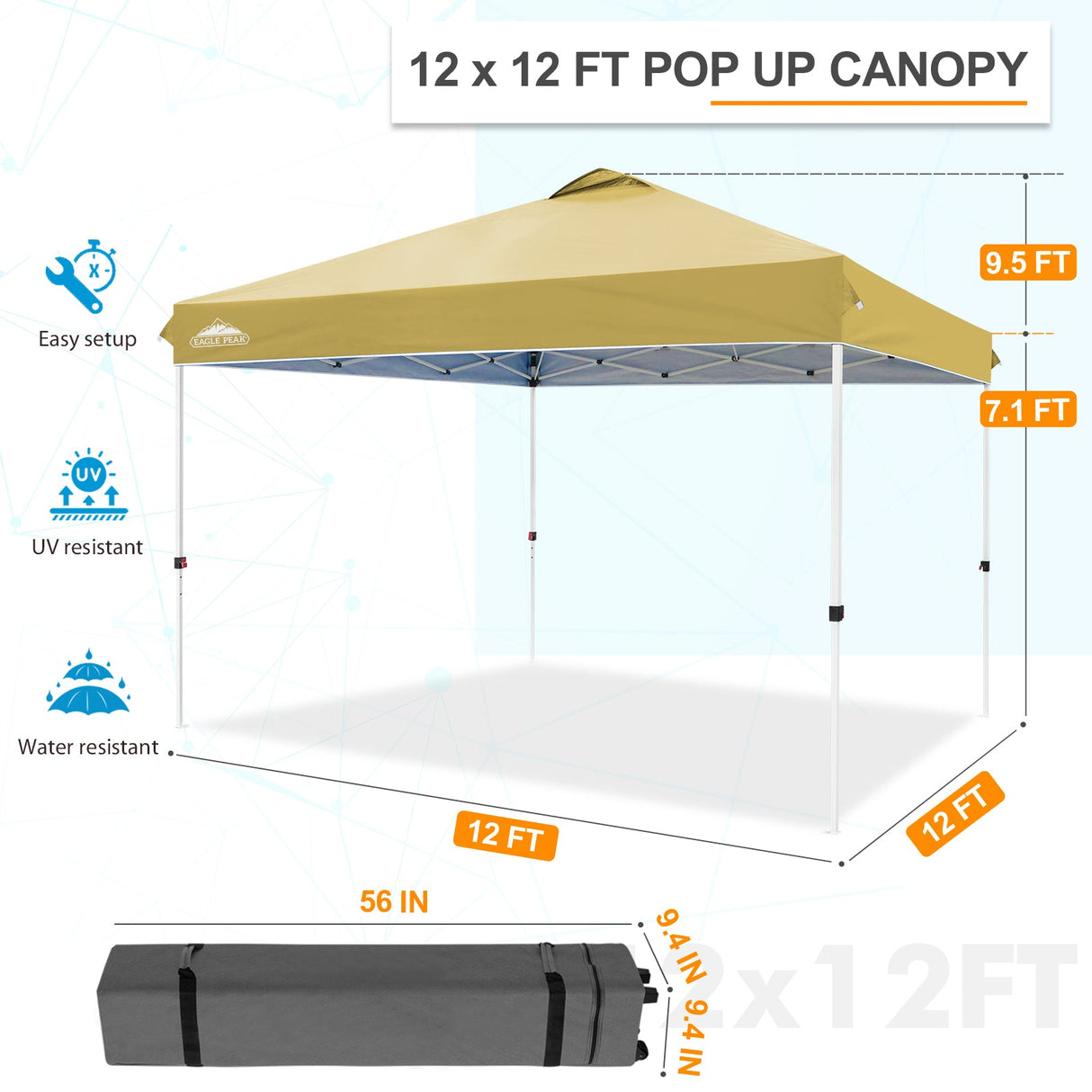 EAGLE PEAK 12x12 Pop Up Canopy Tent Instant Outdoor Canopy Easy Set - up Straight Leg Folding Shelter with Wheeled Bag, 8 Stakes, 4 Sand Bags, and 4 Ropes - Eagle Peak Canopy and Outdoor Products