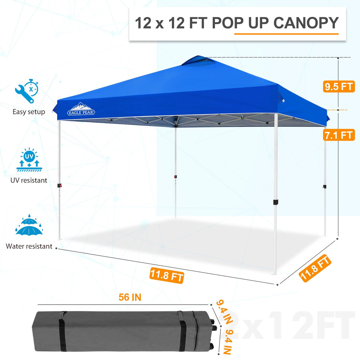 EAGLE PEAK 12x12 Pop Up Canopy Tent Instant Outdoor Canopy Easy Set - up Straight Leg Folding Shelter with Wheeled Bag, 8 Stakes, 4 Sand Bags, and 4 Ropes - Eagle Peak Canopy and Outdoor Products