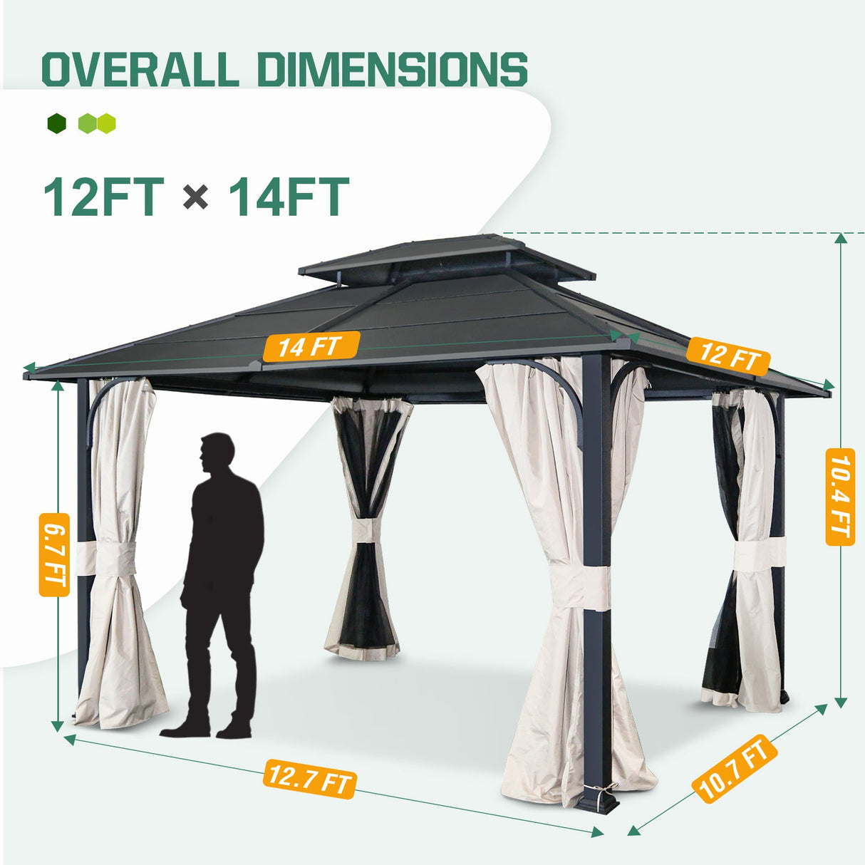 EAGLE PEAK 12x14 Outdoor Permanent Double Roof Hardtop Gazebo with Arched Corner Steel Frame, Mosquito Mesh Netting and Light Beige Privacy Curtains, Backyard Patio Garden Gazebo Pavilion, Black - Eagle Peak Canopy and Outdoor Products