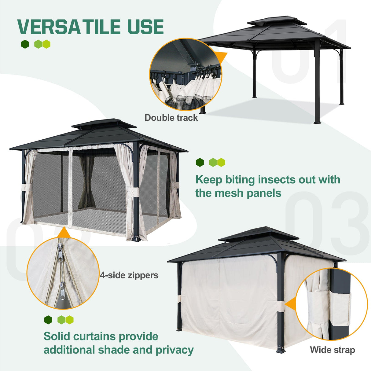 EAGLE PEAK 12x14 Outdoor Permanent Double Roof Hardtop Gazebo with Arched Corner Steel Frame, Mosquito Mesh Netting and Light Beige Privacy Curtains, Backyard Patio Garden Gazebo Pavilion, Black - Eagle Peak Canopy and Outdoor Products