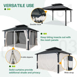 EAGLE PEAK 12x14 Outdoor Permanent Double Roof Hardtop Gazebo with Arched Corner Steel Frame, Mosquito Mesh Netting and Light Beige Privacy Curtains, Backyard Patio Garden Gazebo Pavilion, Black - Eagle Peak Canopy and Outdoor Products