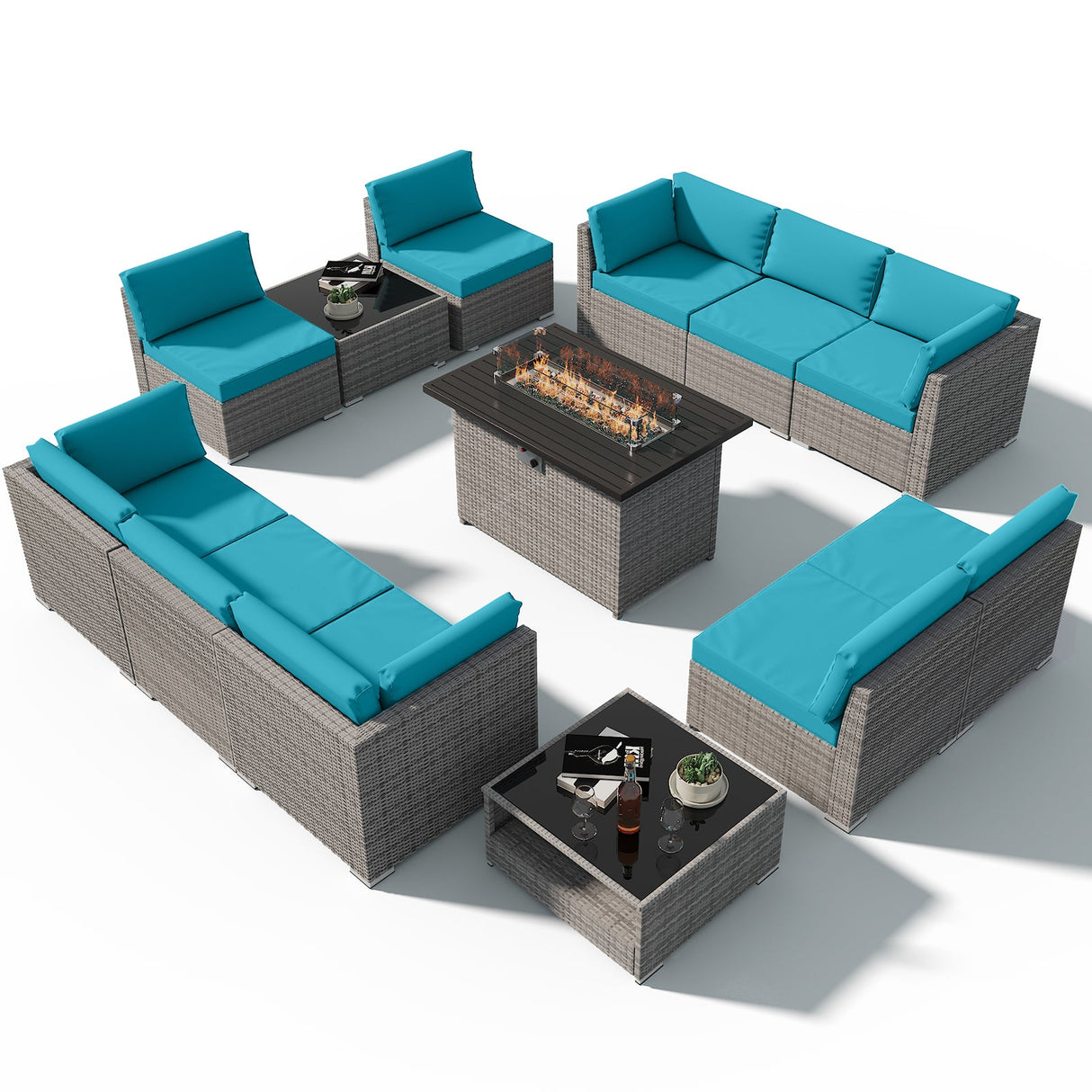 EAGLE PEAK 13 Piece Outdoor Wicker Patio Furniture Set with Fire Table and 2 Coffee Tables, PE Rattan Sectional Conversation Sofa Set with Seating for 10 People - Eagle Peak Canopy and Outdoor Products