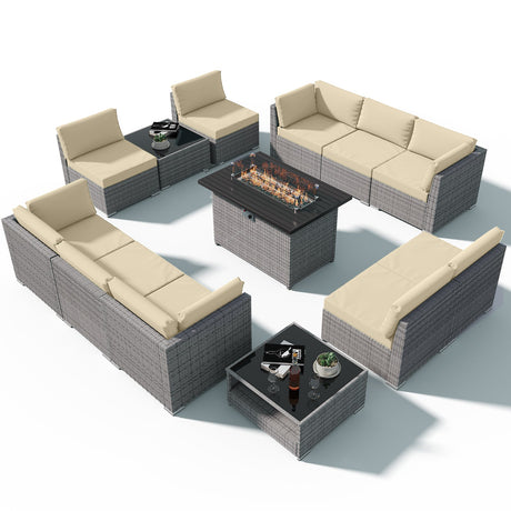 EAGLE PEAK 13 Piece Outdoor Wicker Patio Furniture Set with Fire Table and 2 Coffee Tables, PE Rattan Sectional Conversation Sofa Set with Seating for 10 People - Eagle Peak Canopy and Outdoor Products