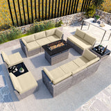 EAGLE PEAK 13 Piece Outdoor Wicker Patio Furniture Set with Fire Table and 2 Coffee Tables, PE Rattan Sectional Conversation Sofa Set with Seating for 10 People - Eagle Peak Canopy and Outdoor Products