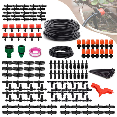 EAGLE PEAK 131 ft Automatic Drip Irrigation Kits DIY, 1/4" Distribution Tubing Hose Adjustable Nozzle for Lawn, Greenhouse, Raised Bed, Patio - Eagle Peak Canopy and Outdoor Products