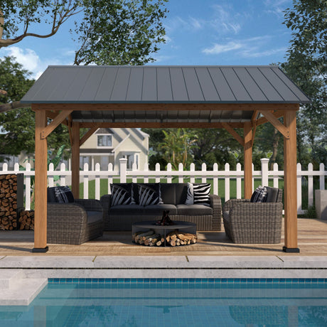 EAGLE PEAK 13x11 Cedar Frame Hardtop Gazebo, Natural Wood Outdoor Pavilion with Black Powder Coated Steel Gable Roof, 12x10 Frame, Black - Eagle Peak Canopy and Outdoor Products