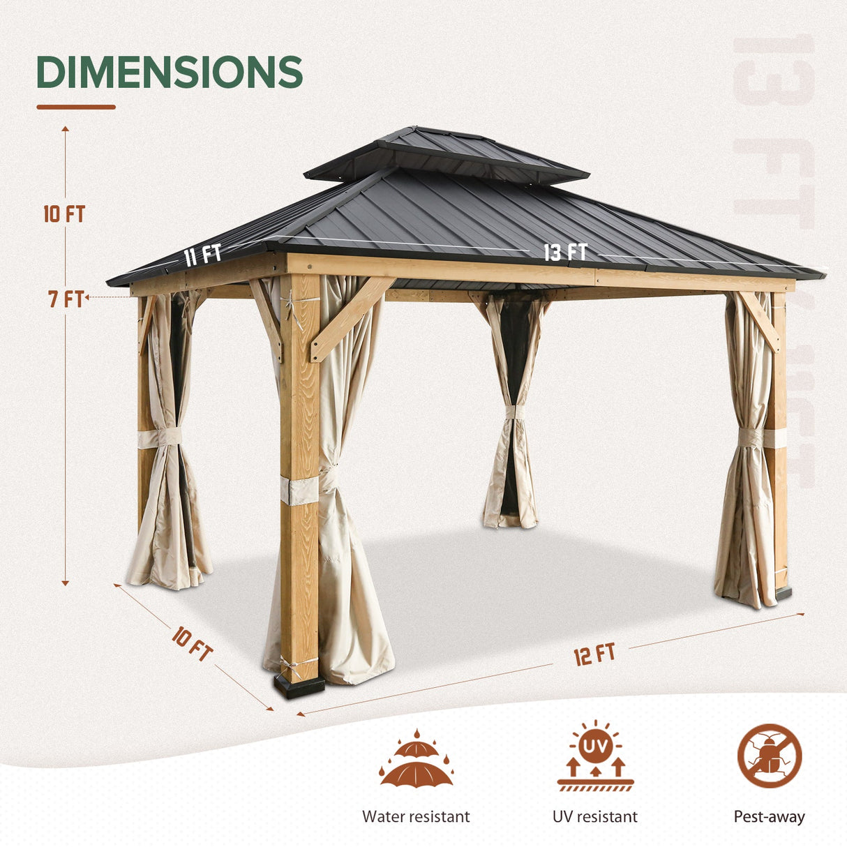 EAGLE PEAK 13x11 Outdoor Cedar Framed Hardtop Double Roof Gazebo for Garden, Patio, Lawn and Party, Mosquito Mesh Netting and Light Beige Privacy Curtains Included, Black - Eagle Peak Canopy and Outdoor Products