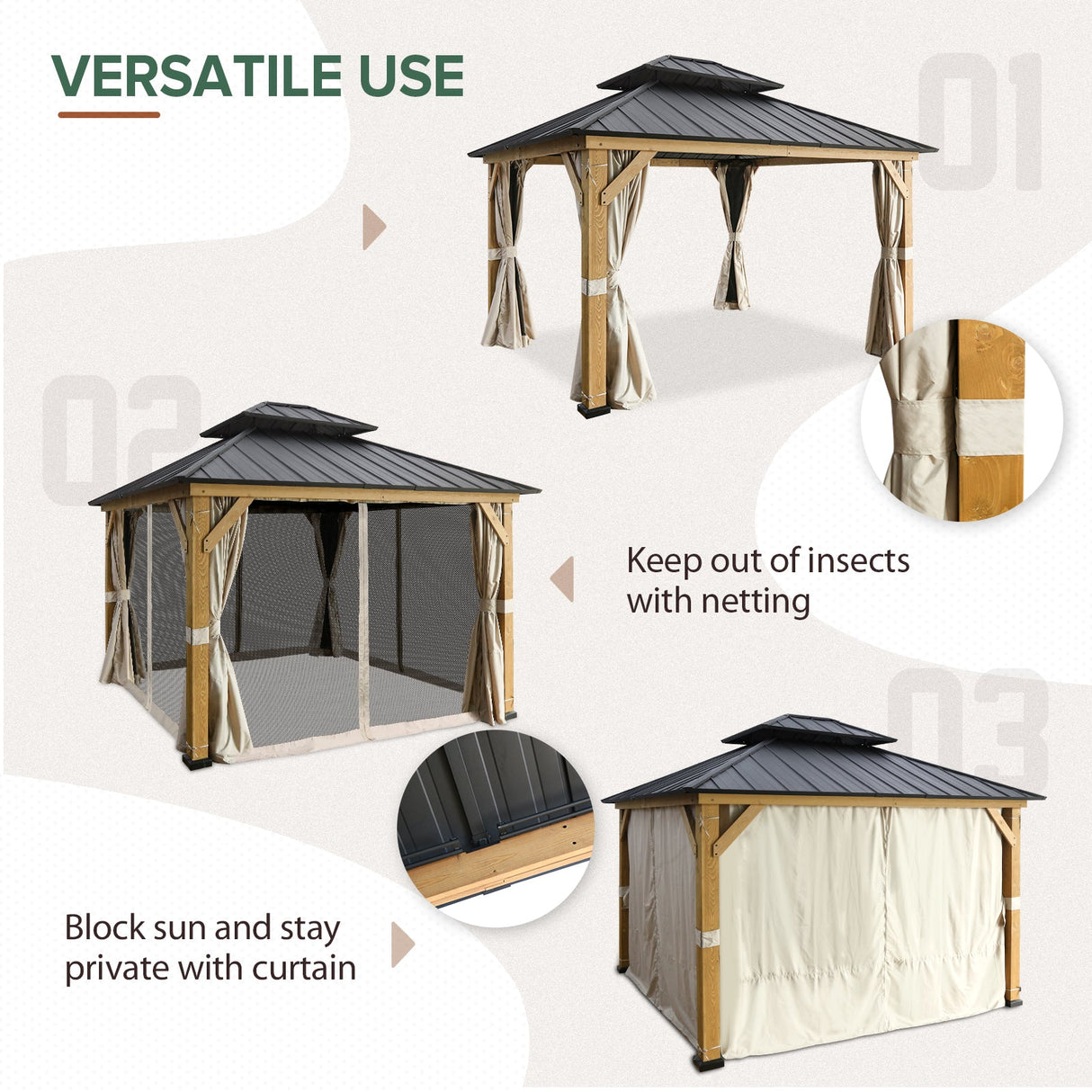 EAGLE PEAK 13x11 Outdoor Cedar Framed Hardtop Double Roof Gazebo for Garden, Patio, Lawn and Party, Mosquito Mesh Netting and Light Beige Privacy Curtains Included, Black - Eagle Peak Canopy and Outdoor Products