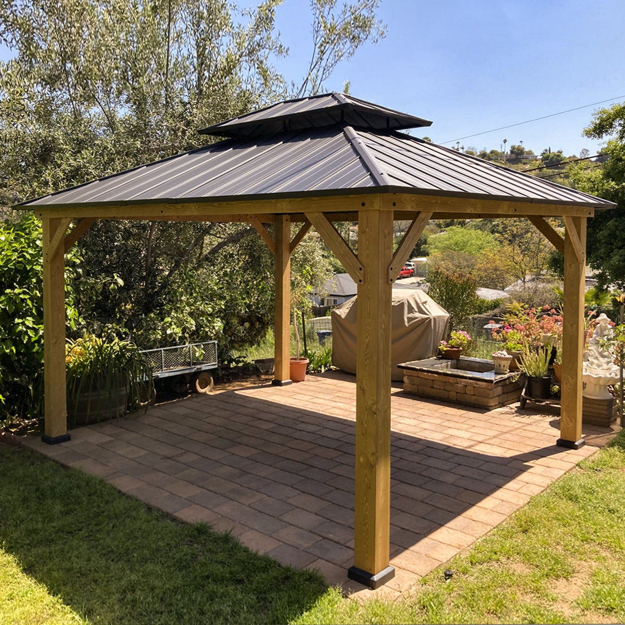 EAGLE PEAK 13x11 Outdoor Cedar Framed Hardtop Gazebo, Galvanized Steel Double Roof Gazebo Canopy for Garden, Patio, Lawn and Party, Black - Eagle Peak Canopy and Outdoor Products