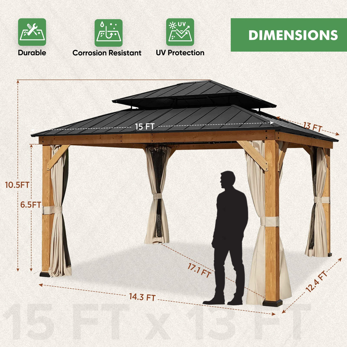 EAGLE PEAK 13x15 Solid Wood Gazebo with Netting and Curtains, Outdoor Hardtop Gazebo Pavilion Cedar Wooden Frame Double Roof Metal Canopy for Patio Deck Backyards Garden - Eagle Peak Canopy and Outdoor Products