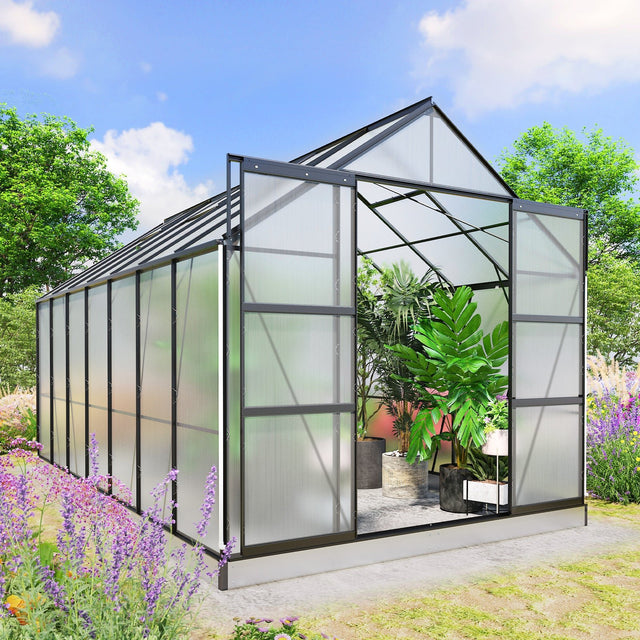 EAGLE PEAK 14x8x8 Outdoor Walk - in Hobby Greenhouse with Adjustable Roof Vent and Rain Gutter, Base and Anchor, Polycarbonate Aluminum Green House for Backyard Garden, Gray - Eagle Peak Canopy and Outdoor Products