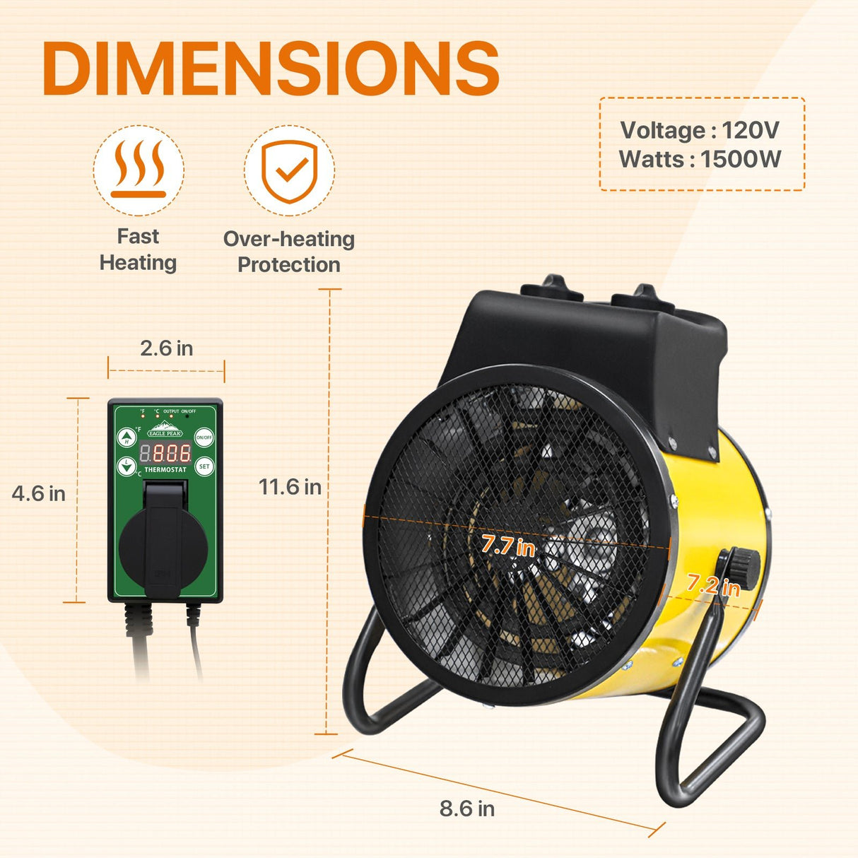 EAGLE PEAK 1500W Outdoor Heater with Thermostat, Greenhouse Heater for Greenhouse, Grow Tent, Garage, and RV Use, Yellow - Eagle Peak Canopy and Outdoor Products