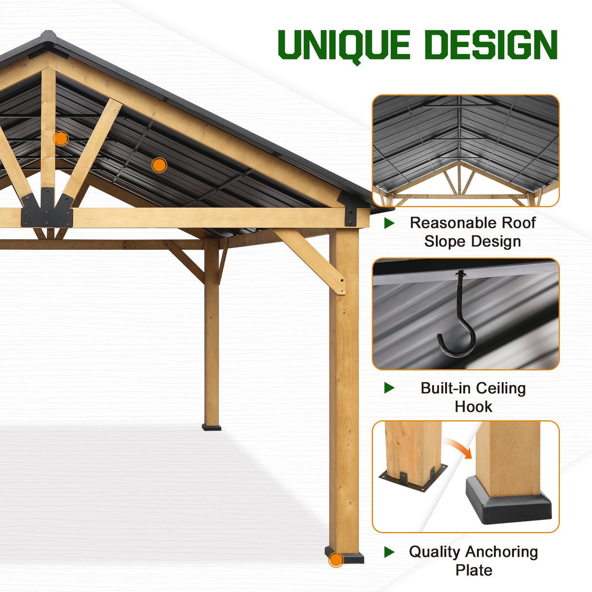 EAGLE PEAK 15x13 Solid Wood Patio Gazebo, Cedar Framed Outdoor Pavilion Cabana with Black Steel Gable Hardtop Roof, 14x12 Frame, Black - Eagle Peak Canopy and Outdoor Products