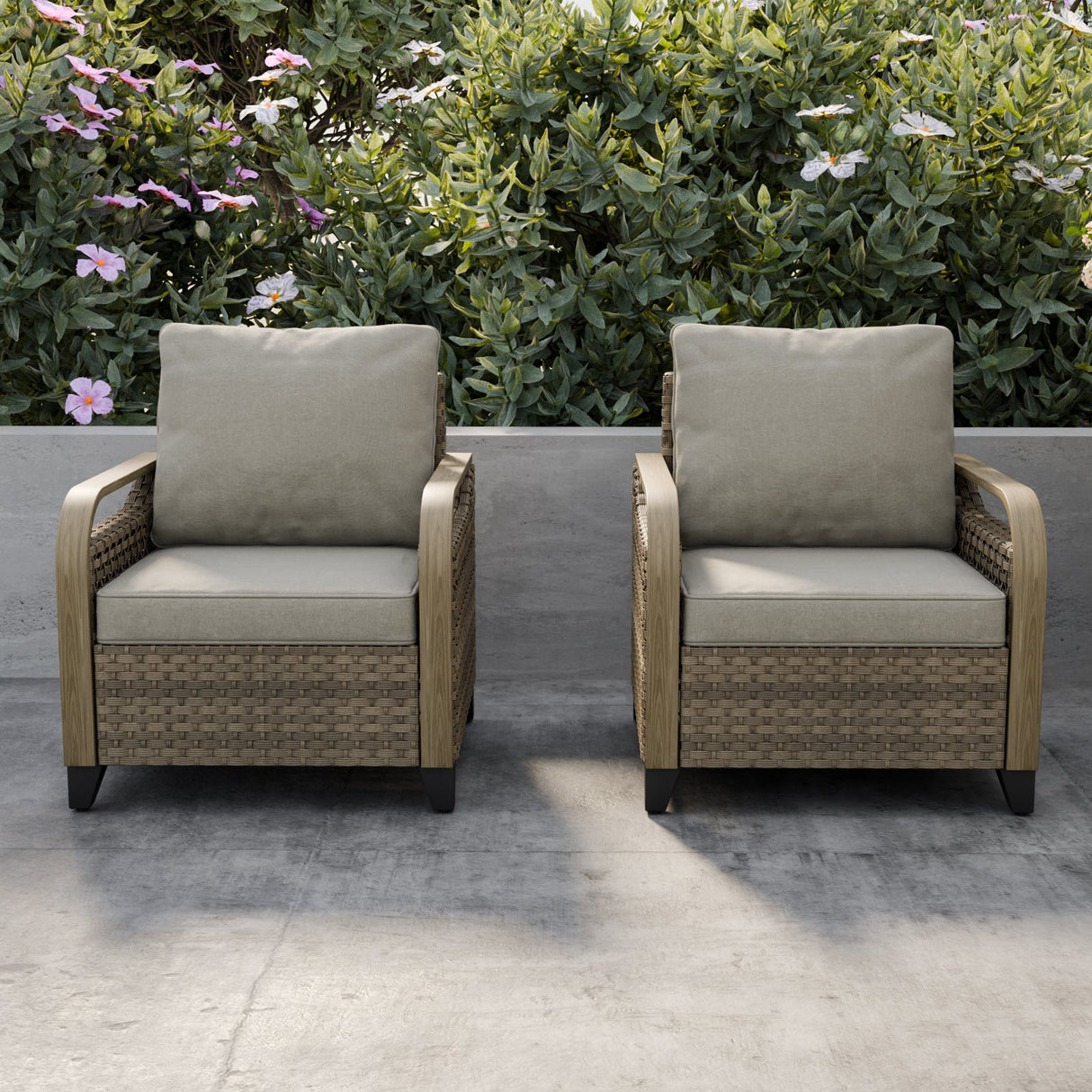 EAGLE PEAK 2 Piece Wicker Outdoor Chairs with Cushions, Patio Chairs, Deep Seating 4 inch Cushions, PE Rattan Curved Armrest Porch Chair, Brown/Gray - Eagle Peak Canopy and Outdoor Products