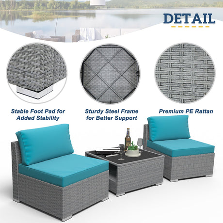 EAGLE PEAK 3 Piece Outdoor Armless Wicker Sofa Set, Outdoor Patio Armless Chairs with Removable Cushions and Coffee Table, Sectional Wicker Loveseat Sofa - Eagle Peak Canopy and Outdoor Products