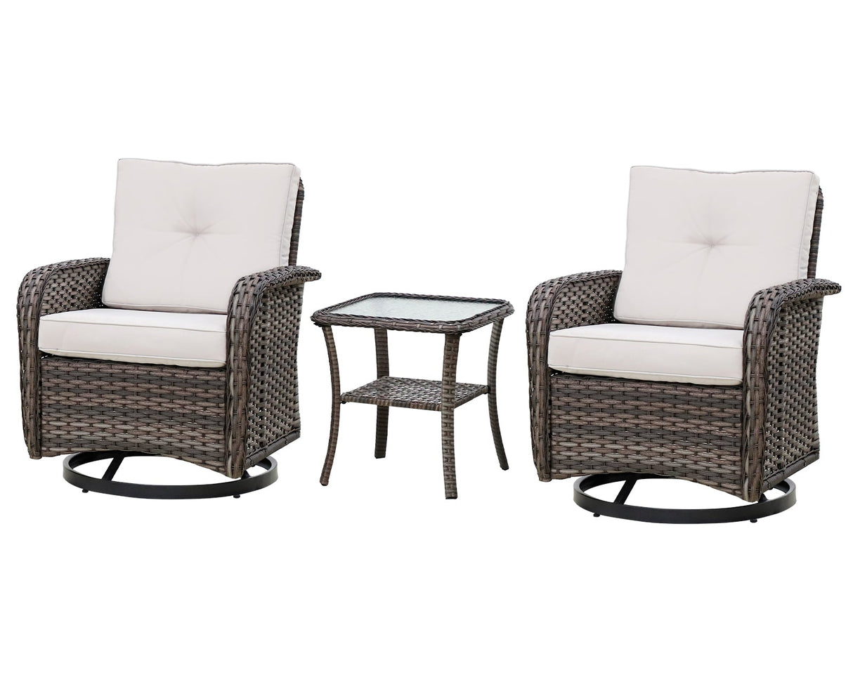 EAGLE PEAK 3pc Rattan Swivel Rocker Patio Conversation Set, includes 2 Wicker Swivel Rocking Chairs with Removable Cushions and 1 Side Table, Gray/Beige - Eagle Peak Canopy and Outdoor Products