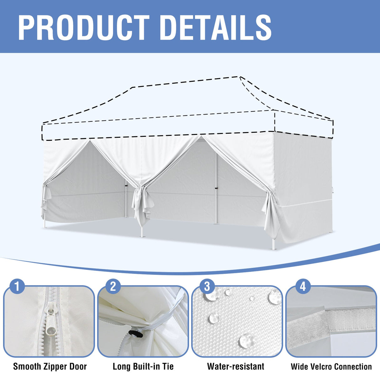 EAGLE PEAK 4 - Piece Sunwall/Sidewalls for 10x20 ft Aluminum Custom Canopy Only, Privacy Panels for Canopy Tent Includes 3 Sidewalls and 1 Entry Wall, Pack of 4, White - Eagle Peak Canopy and Outdoor Products