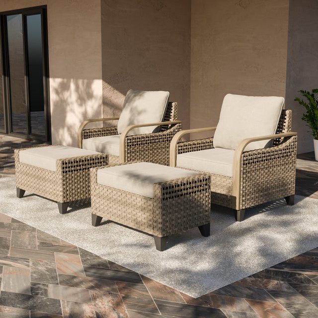 EAGLE PEAK 4 Piece Wicker Outdoor Chairs with Ottomans, Patio Chairs, Deep Seating 4 inch Cushions, PE Rattan Curved Armrest Porch Chair, Brown/Gray - Eagle Peak Canopy and Outdoor Products