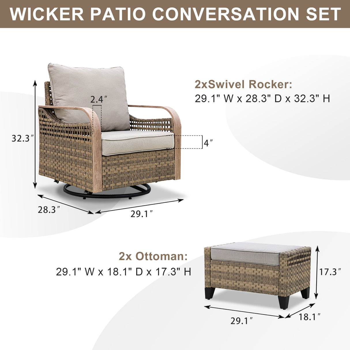 EAGLE PEAK 4 Piece Wicker Outdoor Rocking Chairs with Ottomans, Rattan Swivel Rocker Patio Chairs for Backyard Deck Porch & Garden, Brown/Gray - Eagle Peak Canopy and Outdoor Products