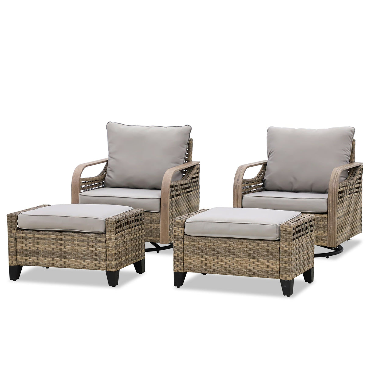 EAGLE PEAK 4 Piece Wicker Outdoor Rocking Chairs with Ottomans, Rattan Swivel Rocker Patio Chairs for Backyard Deck Porch & Garden, Brown/Gray - Eagle Peak Canopy and Outdoor Products