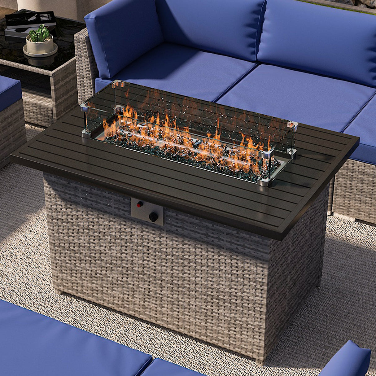 EAGLE PEAK 42 Inch Outdoor Propane Gas Fire Pit Table, 50,000 BTU Auto - Ignition Rectangular Gas Fire Pit with Glass Wind Guard, Gray PE - Eagle Peak Canopy and Outdoor Products