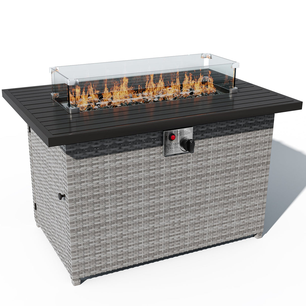 EAGLE PEAK 42 Inch Outdoor Propane Gas Fire Pit Table, 50,000 BTU Auto - Ignition Rectangular Gas Fire Pit with Glass Wind Guard, Gray PE - Eagle Peak Canopy and Outdoor Products