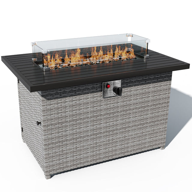 EAGLE PEAK 42 Inch Outdoor Propane Gas Fire Pit Table, 50,000 BTU Auto - Ignition Rectangular Gas Fire Pit with Glass Wind Guard, Gray PE - Eagle Peak Canopy and Outdoor Products