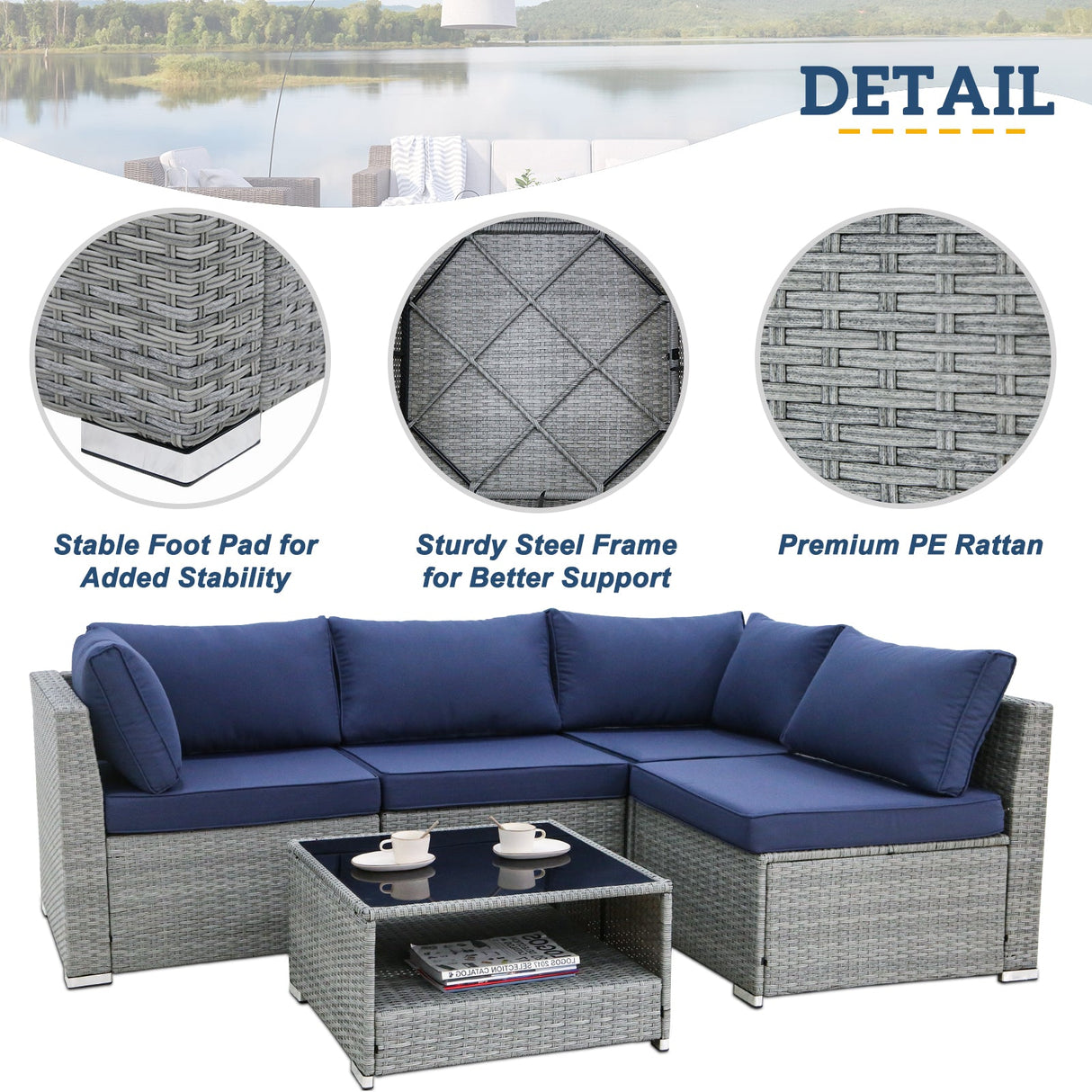 EAGLE PEAK 5 Piece Outdoor Wicker Patio Furniture Set with Coffee Table, Outdoor PE Rattan Sectional Conversation Sets with Seating for 4 People - Eagle Peak Canopy and Outdoor Products