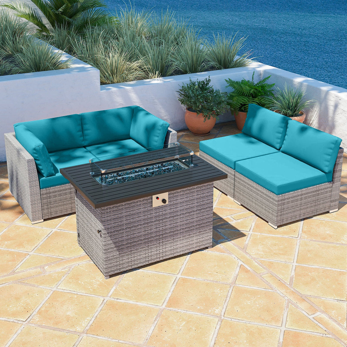 EAGLE PEAK 5 Piece Outdoor Wicker Patio Furniture Set with Fire Table, PE Rattan Sectional Conversation Sofa Set with Seating for 4 People - Eagle Peak Canopy and Outdoor Products