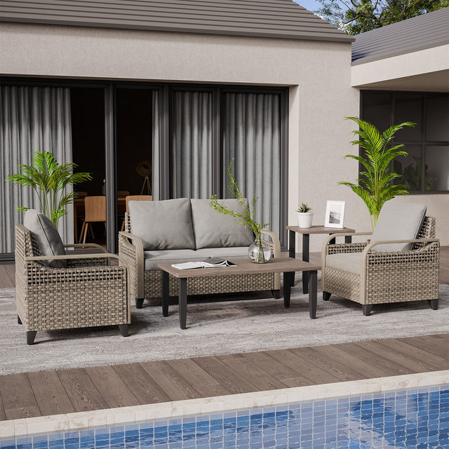 EAGLE PEAK 5 Piece Wicker Outdoor Patio Furniture Set, Patio Set with 2 Patio Chairs, 2 Seat Loveseat Sofa, Coffee Table and Side Table, Brown/Gray - Eagle Peak Canopy and Outdoor Products