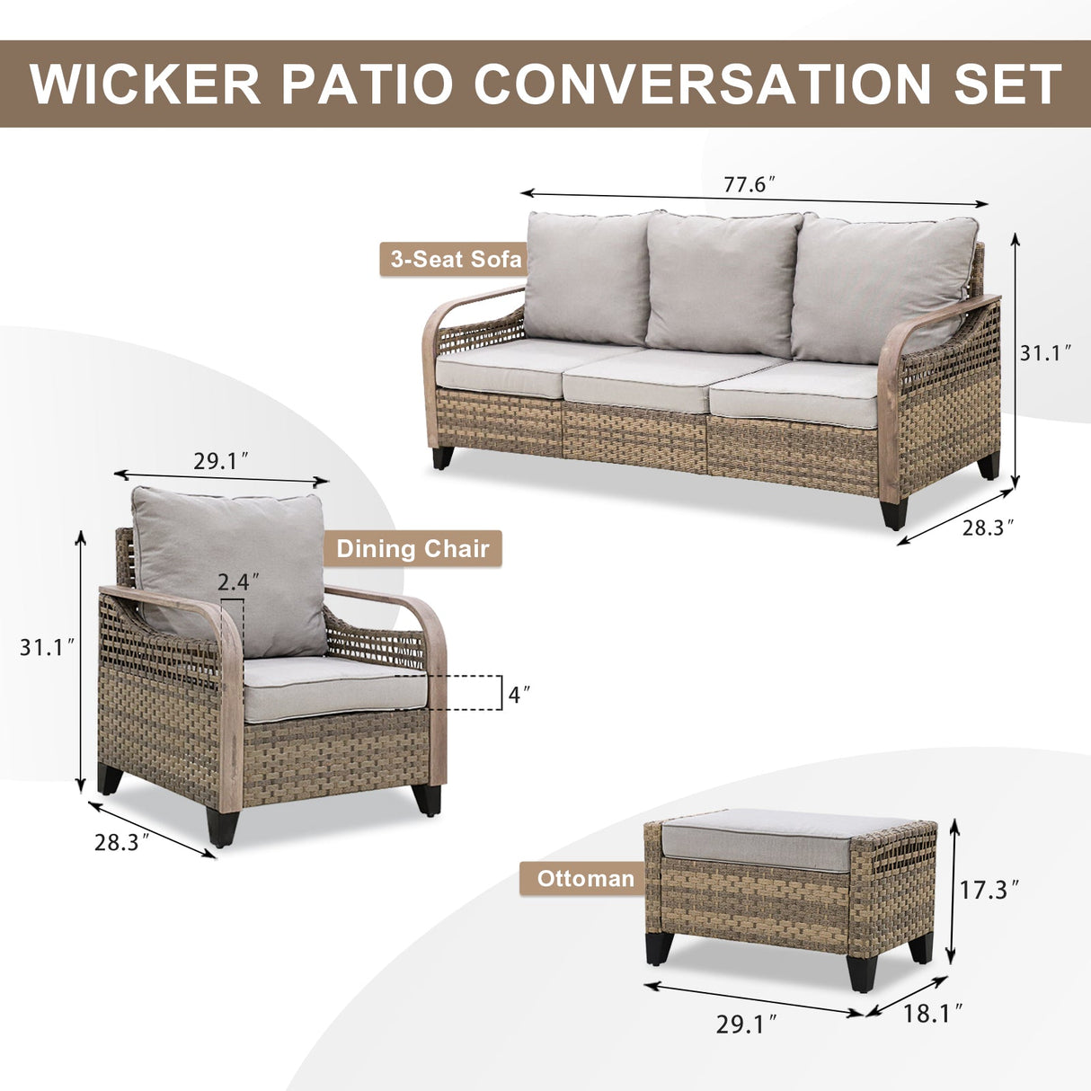 EAGLE PEAK 5 Piece Wicker Outdoor Patio Furniture Set, Patio Set with 2 Patio Chairs, 3 Seat Loveseat Sofa, and 2 Ottomans, Brown/Gray - Eagle Peak Canopy and Outdoor Products