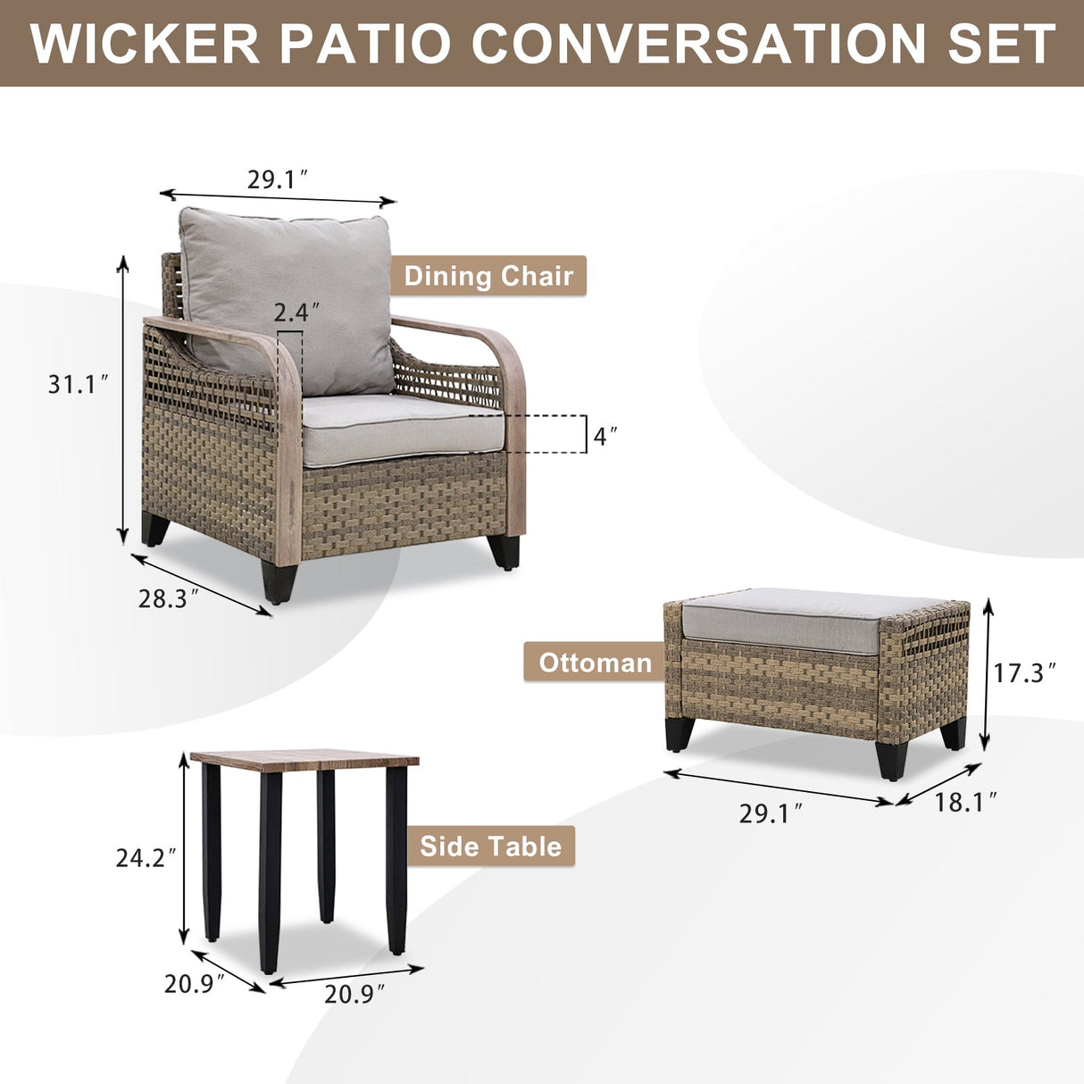 EAGLE PEAK 5 Piece Wicker Outdoor Patio Furniture Set, Patio Set with 2 Patio Chairs, Side Table, and 2 Ottomans, Brown/Gray - Eagle Peak Canopy and Outdoor Products