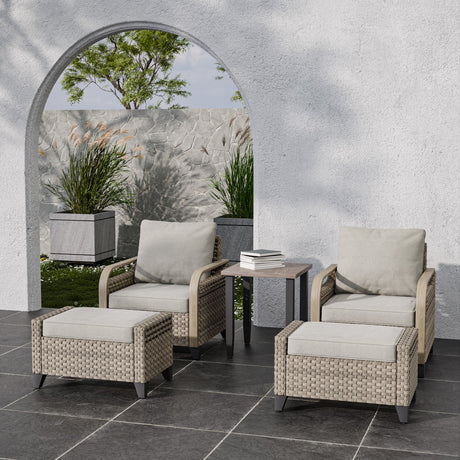 EAGLE PEAK 5 Piece Wicker Outdoor Patio Furniture Set, Patio Set with 2 Patio Chairs, Side Table, and 2 Ottomans, Brown/Gray - Eagle Peak Canopy and Outdoor Products