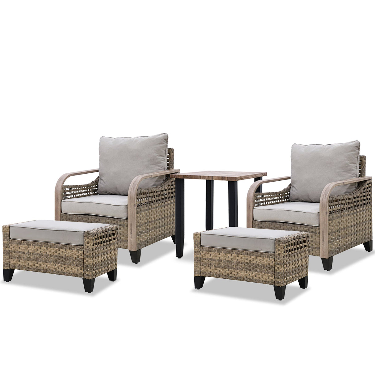 EAGLE PEAK 5 Piece Wicker Outdoor Patio Furniture Set, Patio Set with 2 Patio Chairs, Side Table, and 2 Ottomans, Brown/Gray - Eagle Peak Canopy and Outdoor Products