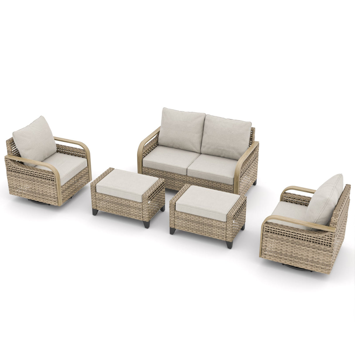 EAGLE PEAK 5 Piece Wicker Outdoor Patio Furniture Set, Patio Set with 2 Swivel Rocking Chairs, 2 Seat Loveseat Sofa, and 2 Ottomans, Brown/Gray - Eagle Peak Canopy and Outdoor Products